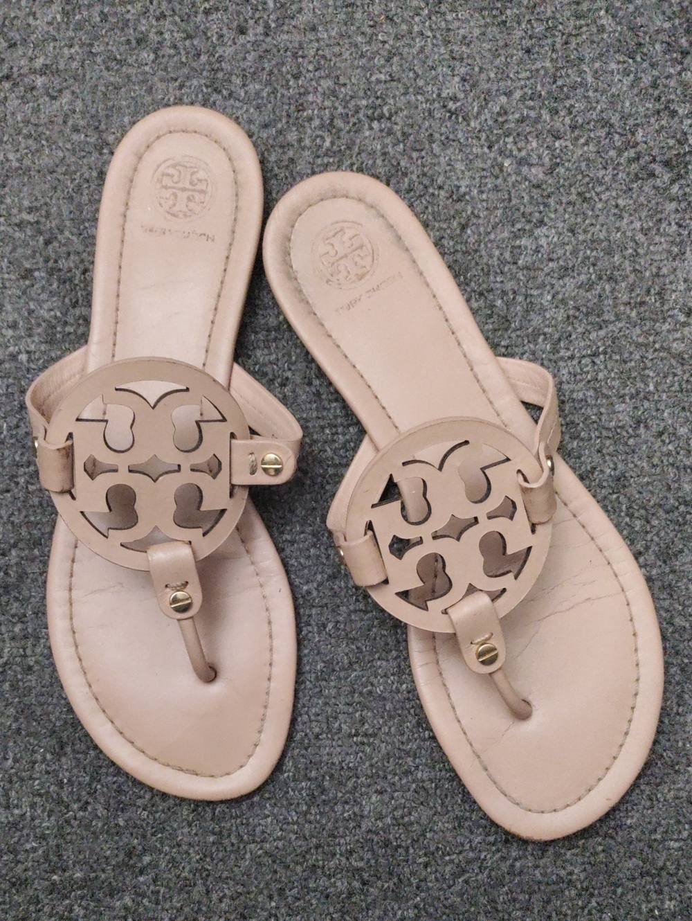 Tory Burch "Miller" Nude/Beige Logo Thong Sandals